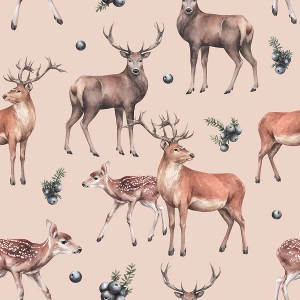 animal sketch pattern with deers and dark forest berries forest inhabitant winter and New Year theme watercolor drawing on a beige background