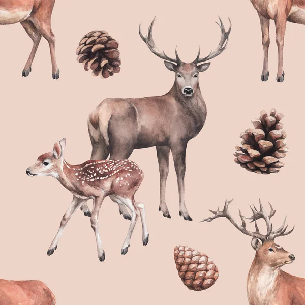 animal sketch pattern with deers and pine cones forest inhabitant winter and New Year theme watercolor drawing on a beige background