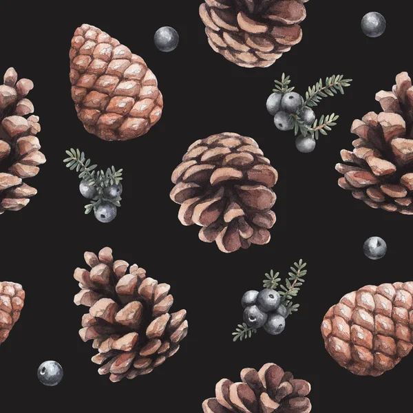nature sketch pattern with pine cones and dark forest berries forest winter and New Year theme watercolor drawing on a dark gray background