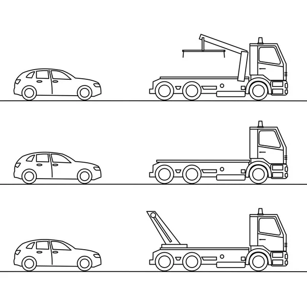 Abschleppwagen, der ein Fahrzeug aufnimmt, auf weißem Hintergrund — Stockvektor