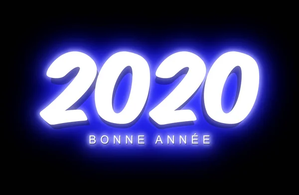 关于2020年快乐新年的图解白色文字 背景为黑色 具有蓝光效果 如夜间霓虹灯照明 — 图库照片