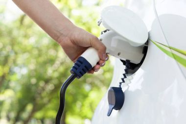Bir elektrik elektrikli araç şarj için eklenti tutan el. Bulanıklık