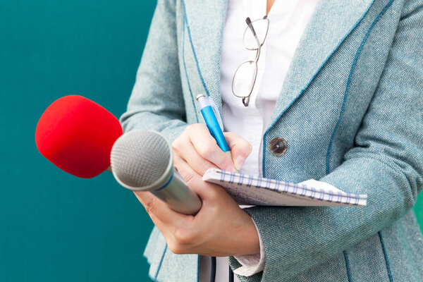 Female reporter taking notes at news conference. Journalism.