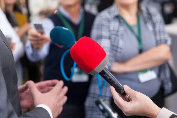 Public relations - Media van Pr. interview. Persconferentie. — Stockfoto