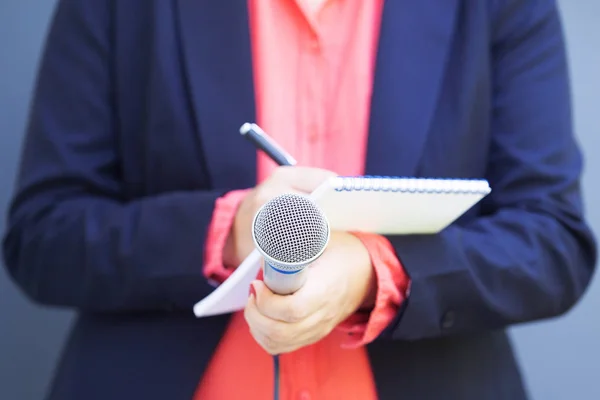 Reportero en conferencia de prensa o evento mediático, escribiendo notas, sosteniendo micrófono — Foto de Stock