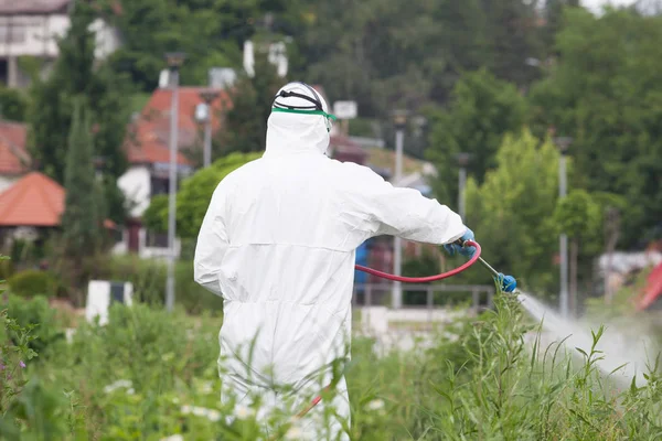Trabalhador do controlo de pragas que pulveriza insecticida — Fotografia de Stock