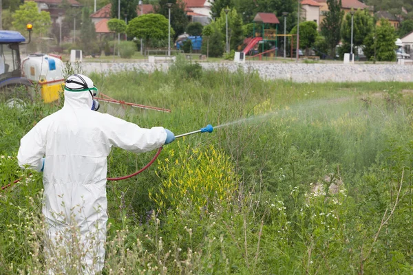 Obrero de control de plagas rociando insecticida — Foto de Stock