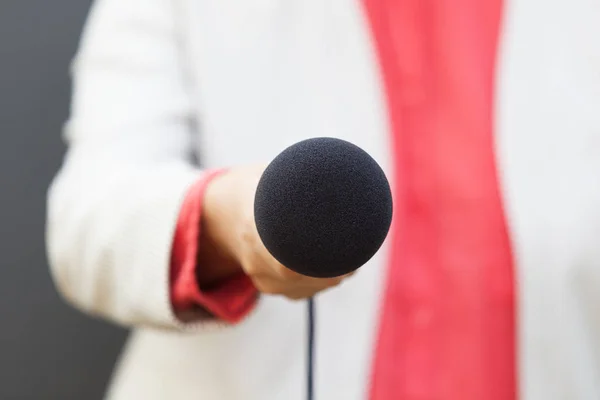 Una Reportera Sosteniendo Micrófono Durante Entrevista Con Los Medios Concepto — Foto de Stock