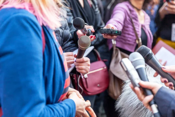 Public figure talking to the media, journalists holding microphones at press conference