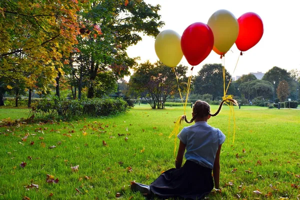 Mädchen mit Zöpfen sitzt auf dem Gras und blickt in den Sonnenuntergang. Luftballons werden an die Zöpfe eines Mädchens gebunden. — Stockfoto