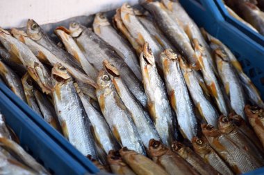 Tezgahta kurumuş keçeli balık var..