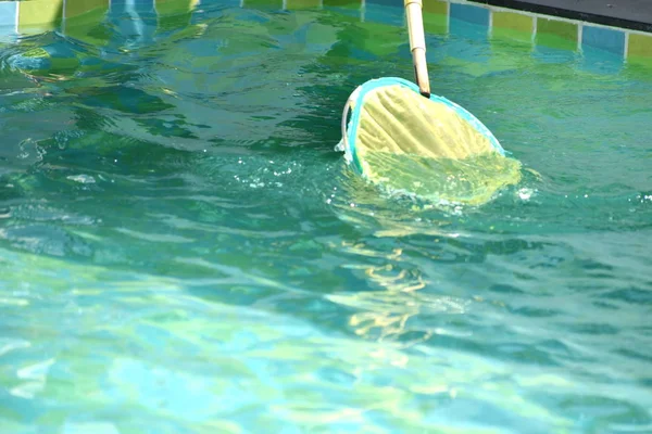 A limpar a piscina dos destroços. Um trabalhador purifica a água na piscina — Fotografia de Stock