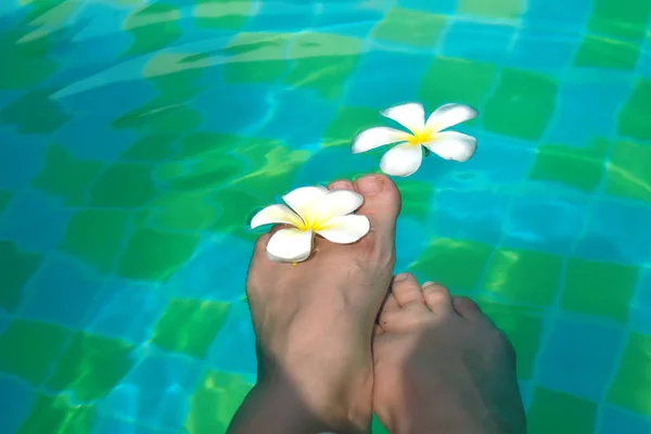 Frauenbeine und weiße Blumen im Pool. Wasser romantischen Hintergrund mit Beinen. — Stockfoto