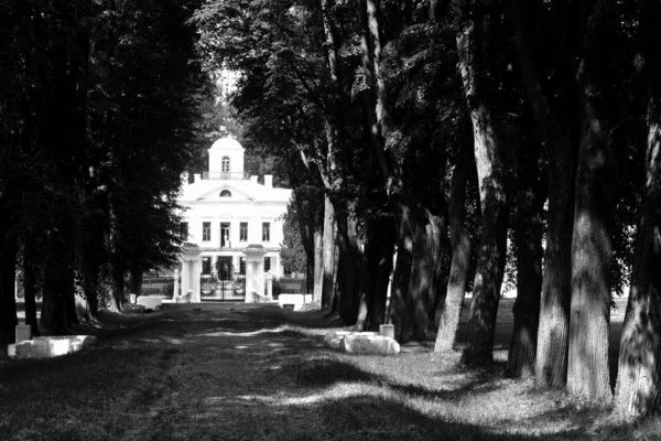 Monochromes Foto. Weißes großes Haus im Stadtpark. Palast im Park. Landschaft mit dem Tempel. — Stockfoto