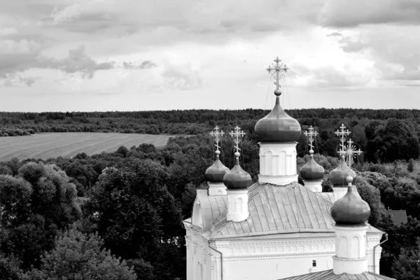 Monochromatyczne zdjęcie. Duża dzwonnica i kopuły w Rosji — Zdjęcie stockowe