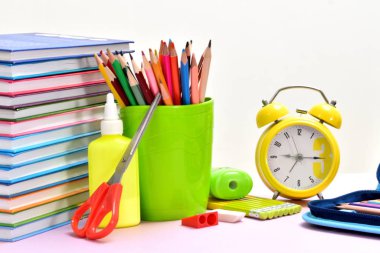 School stationery items on table. Home education. September 1.