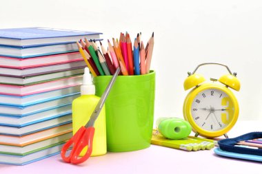 School stationery items on table. Home education. September 1.