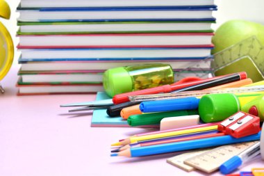 School stationery items on table. Home education. September 1.