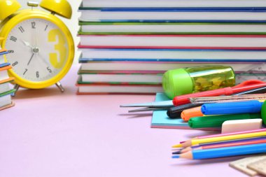 School stationery items on table. Home education. September 1.