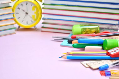 School stationery items on table. Home education. September 1.