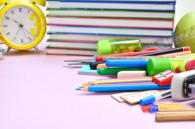 School stationery items on table. Home education. September 1.