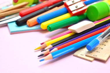 School stationery items on table. Home education. September 1.