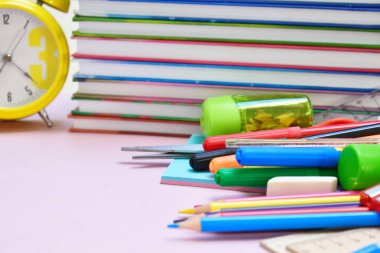 School stationery items on table. Home education. September 1.