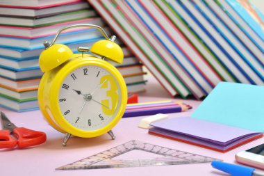 School stationery items on table. Home education. September 1.