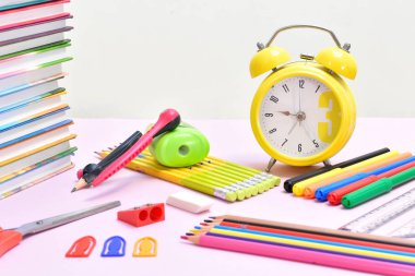 School stationery items on table. Home education. September 1.