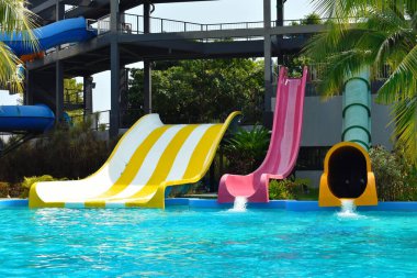 Speed slides at the water Park. Leisure and entertainment in the summer.