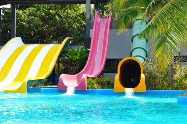 Speed slides at the water Park. Leisure and entertainment in the summer.