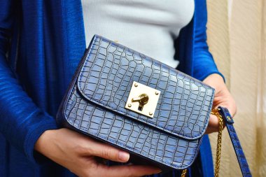 Little women's blue bag. fashion lady with a handbag in the window