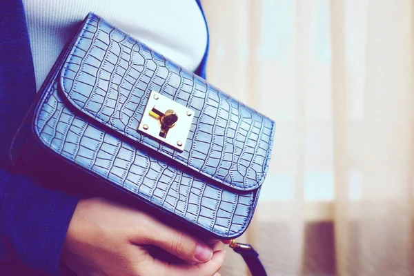 Little women's blue bag. fashion lady with a handbag in the window