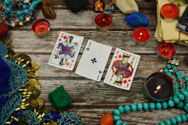 Female fortune teller with Tarot cards. Magic and esoteric background. ESP.