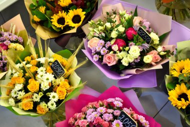 selling bouquets on March 8. Flower shop. Flower business. Spring gift