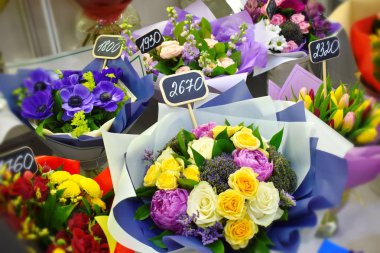 selling bouquets on March 8. Flower shop. Flower business. Spring gift