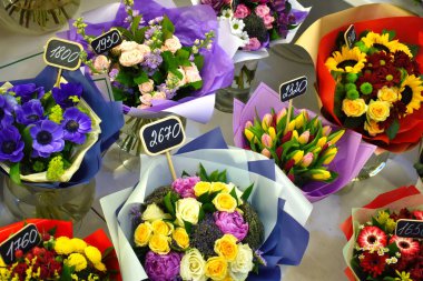 selling bouquets on March 8. Flower shop. Flower business. Spring gift