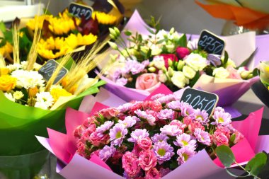 selling bouquets on March 8. Flower shop. Flower business. Spring gift