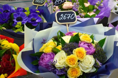 selling bouquets on March 8. Flower shop. Flower business. Spring gift