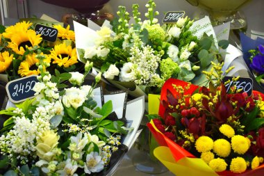 selling bouquets on March 8. Flower shop. Flower business. Spring gift