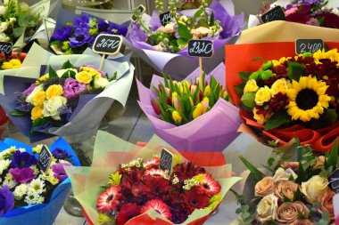 selling bouquets on March 8. Flower shop. Flower business. Spring gift