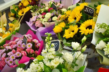 selling bouquets on March 8. Flower shop. Flower business. Spring gift