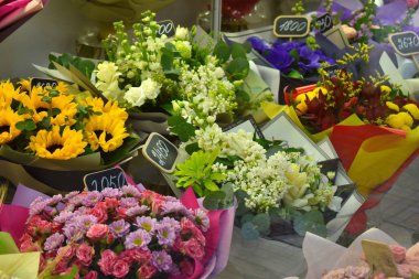selling bouquets on March 8. Flower shop. Flower business. Spring gift