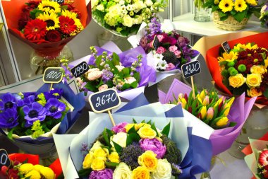selling bouquets on March 8. Flower shop. Flower business. Spring gift