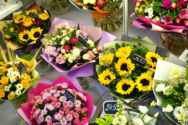 selling bouquets on March 8. Flower shop. Flower business. Spring gift