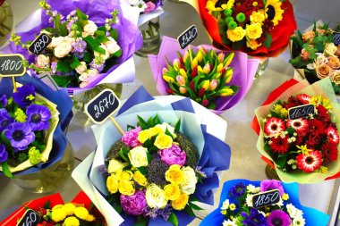 selling bouquets on March 8. Flower shop. Flower business. Spring gift
