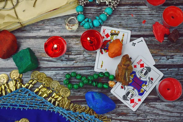 Tarot cards background. Playing cards on a wooden table. Magic predictions — Stock Photo, Image