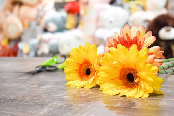 Flori în interior. Margarete frumoase pe masă. Gerbera — Fotografie, imagine de stoc