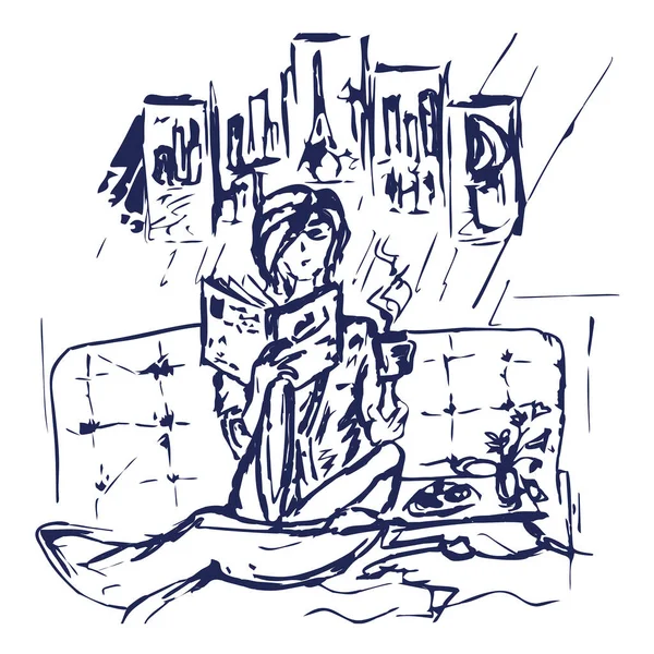 Een meisje leest een boek in bed. Schetstekening — Stockfoto