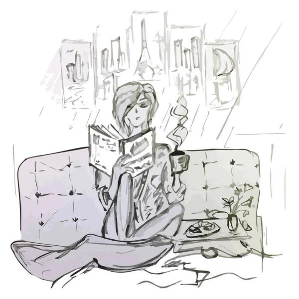 Een meisje leest een boek in bed. Schetstekening — Stockfoto